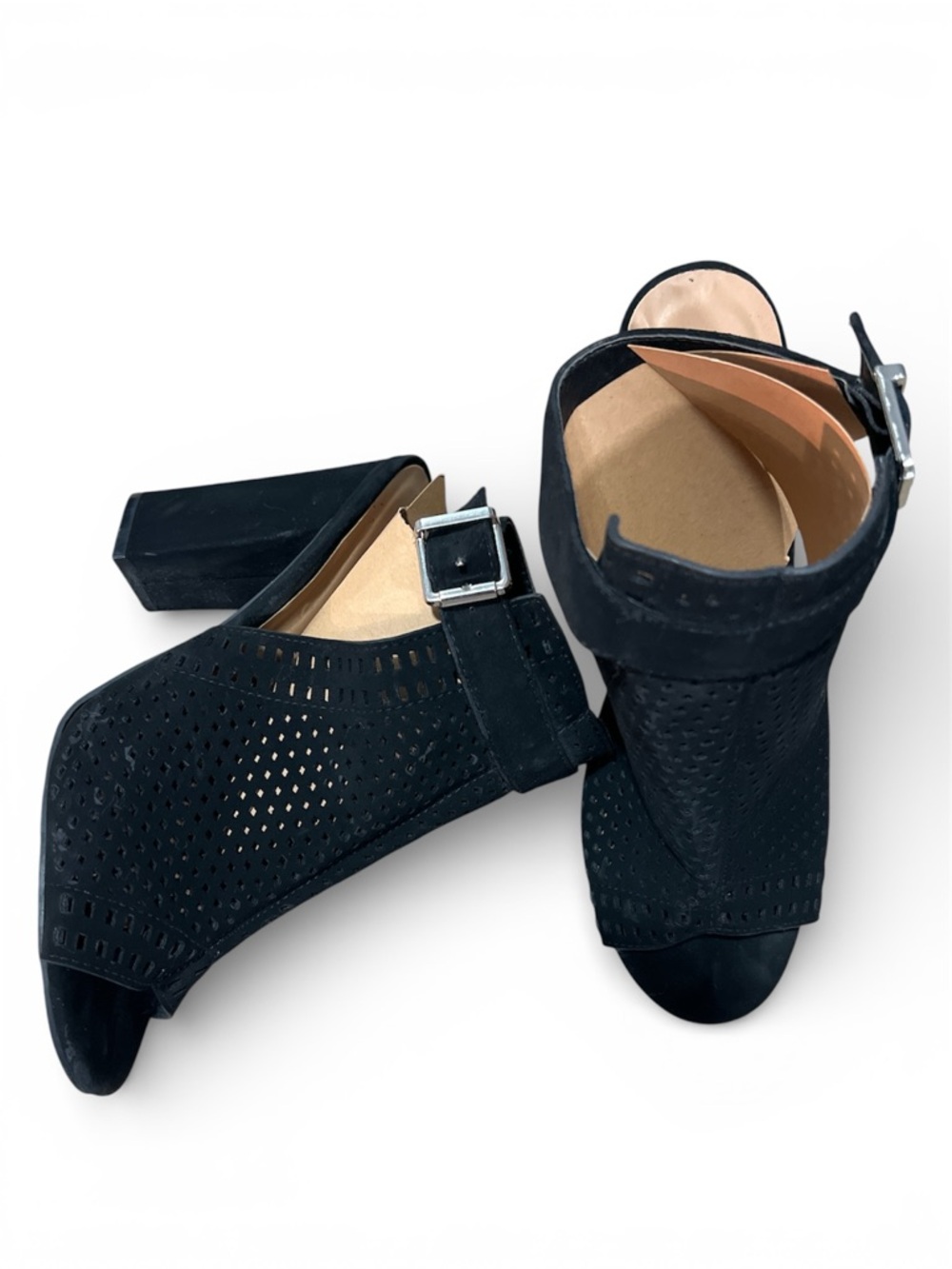 Rouge! Black Perforated Open-Toe Block Heel Sandals with Buckle